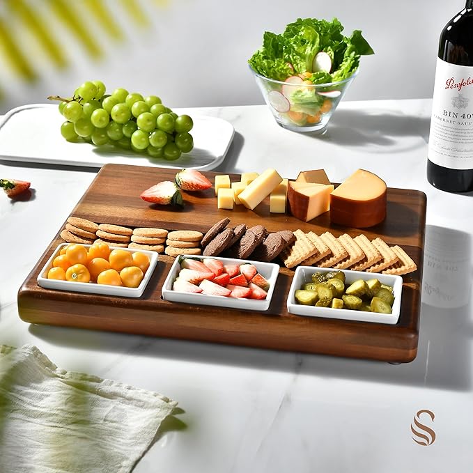 Shanik Large Acacia Wood Charcuterie Board Set with 3 Removable Ceramic Bowls & Serving Utensils - Housewarming, Wedding, Bridal Shower, Home and Kitchen, New Home Gift Ideas for Women, Gifts for Her