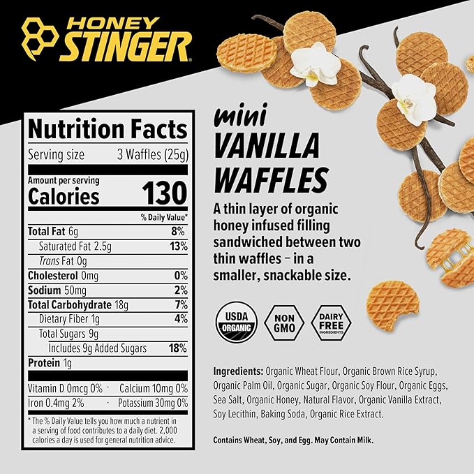 Honey Stinger Organic Mini Vanilla Waffles, Energy Stroopwafel for Exercise, Endurance and Performance, Sports Nutrition for Home & Gym, Pre and Post Workout, 1 Bag, 5.3 Ounce