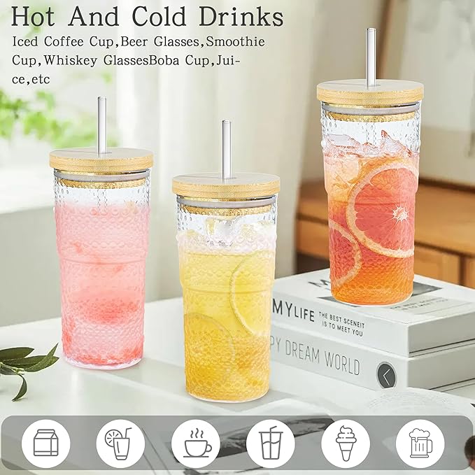 4 Pack 20oz Hobnail Drinking Glasses with Bamboo Lids and Glass Straw,High Borosilicate Glass Tumbler Cup Reusable Wide Mouth Smoothie Cups,Beer, Iced Coffee Glasses, Soda