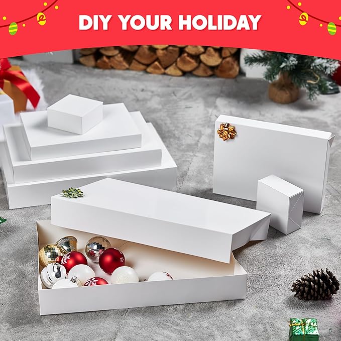 JOYIN 12PCS 17" Christmas Shirt Gift Boxes with Lid for Presents, Extra Large 4" Deep White Paper Box, 4 Assorted Different Size Robe Box for Clothes, Xmas Birthday Holiday Wedding Gift Wrapping Decor