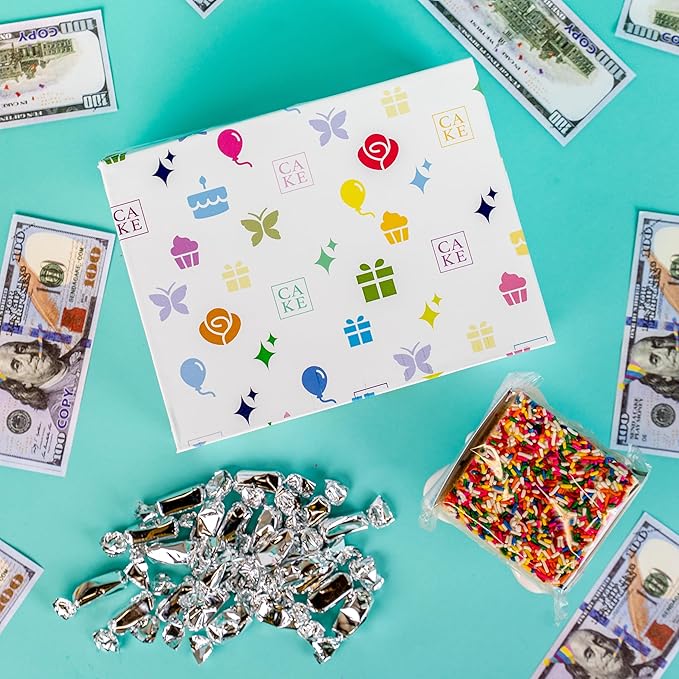Celebration Billionaire Box by Send A Cake, Ready to Gift, No Assembly Required with Music, Sweet Caramels & Delicious 3" Rainbow Sprinkle Crispy Cake - Gift for Women, Men, Sister, Mom, Dad, Best Friend, Adults, Kids