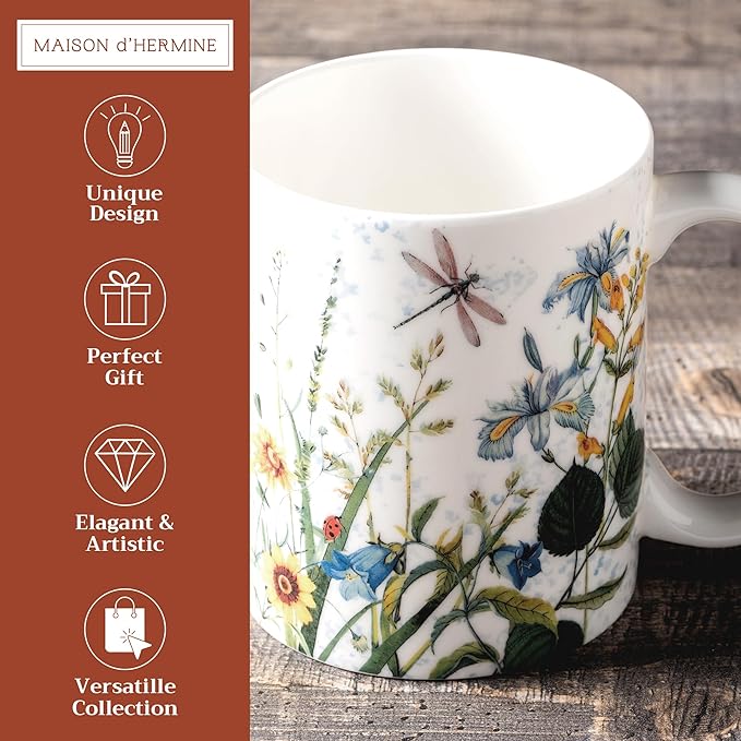 Maison d' Hermine Coffee Mug with Handles Fine Bone China Mugs Pack of One Tea Cups for Hot Beverages Cappuccino Latte Home Restaurant Office Perfect for Gift (Fleurs De Mai - Prairie, 12 Ounce)
