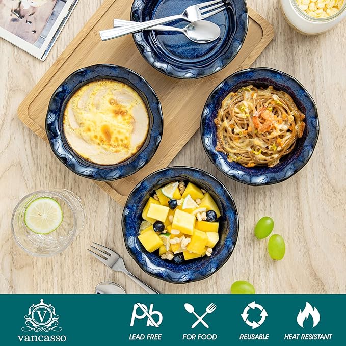 vancasso Mini Pie Pans Set of 6, 5.2 Inch Ceramic Deep Dish Pie Plates with Ruffled Edge for Baking, Microwave & Oven Safe, Blue