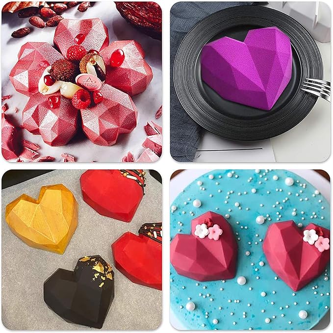 2 Pack Diamond Heart Silicone Mold, 8 Cavities & 6 Cavities Non-stick Easy Release Heart Shaped Silicone Mold Tray for Mousse Cake Dessert, Candy, Chocolate Mold