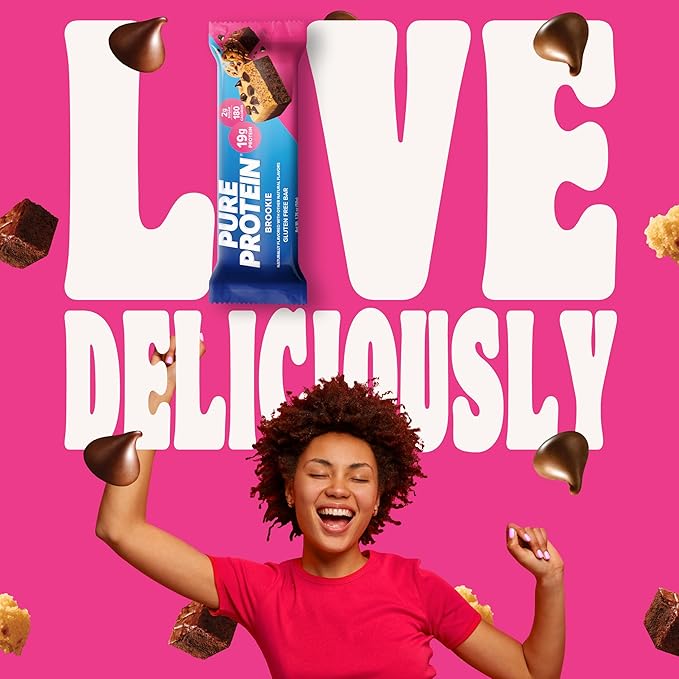 Pure Protein Bars, High Protein, Nutritious Snacks to Support Energy, Low Sugar, Gluten Free, Brookie, 1.76oz, Pack of 4