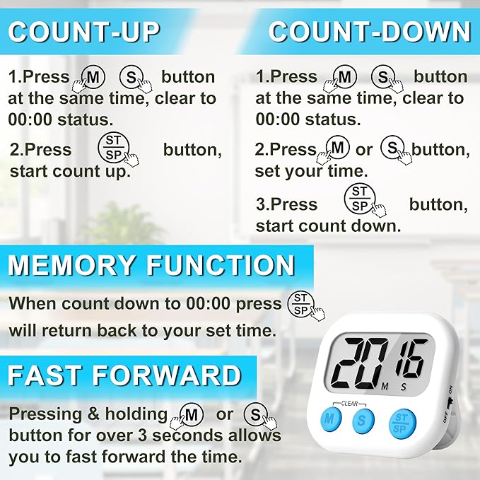 ZILLEEN Kitchen Timer Digital with Magnetic Back for Kids Classroom, White 12 Pack