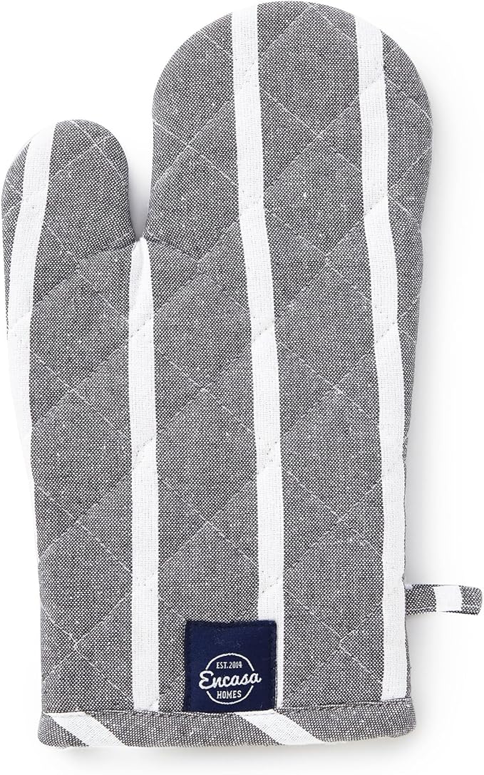Encasa XO Long 12"x7" Oven Microwave Hand Gloves Mitts (2 pc Set) for Kitchen Cooking & Baking - Heat Resistant, Thick & Safe, Protection of Hands from Hot Utensils - Roma Grey Stripes