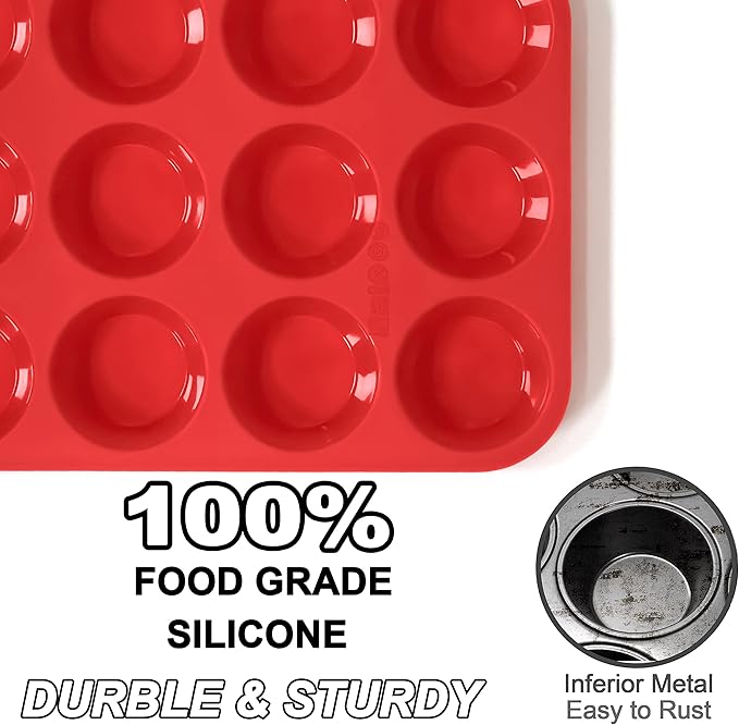Anaeat Silicone Muffin Pan Set - Regular 12 Cups & Mini 24 Cups Cupcake Baking Molds with Flexible & Non-Sticky, Just Pop Out for Making Muffin Cakes, Cupcake, Chocolate,Tart and Desserts (2 Pack)