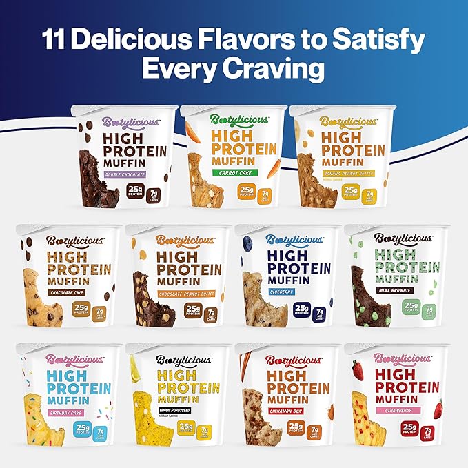 Bootylicious | High-Protein Muffin | 25g Protein, 7g Net Carbs, 2.32-2.75oz Cup, 12-Pack (Blueberry)