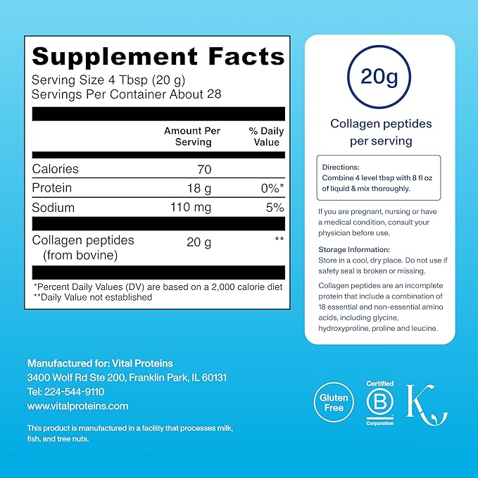 Vital Proteins Collagen Peptides Powder - Grass Fed Collagen Peptides for Hair, Nail, Skin, Bone & Joint Health, Unflavored, 27 Servings