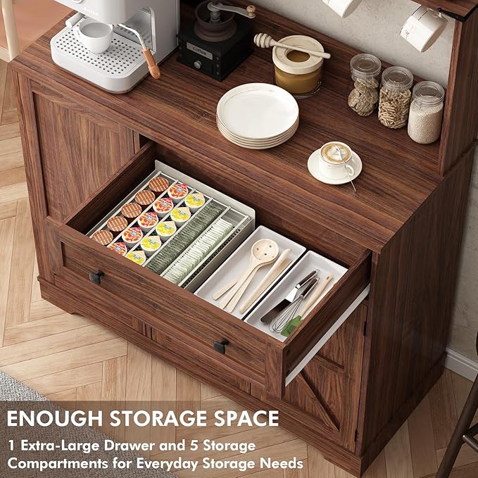 Wnutress Farmhouse Coffee Bar Cabinet with Drawer, 39" Kitchen Hutch Sideboard Buffet Cabinet with Charging Station and Adjustable Shelves, Coffee Bar Storage Table for Living Room, Dining Room, Brown