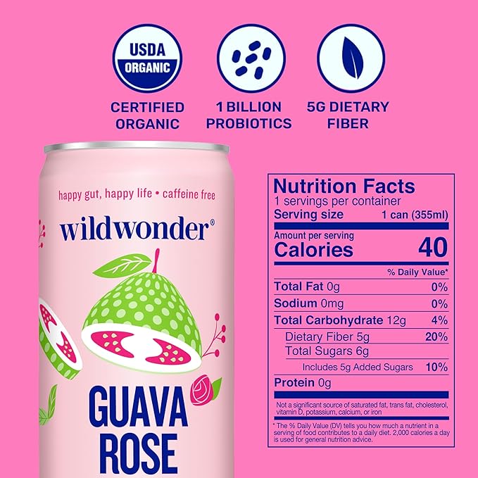 wildwonder Sparkling Probiotic Drink 12pk, For Gut Health & Immune Support, Guava Rose, 5g Prebiotic Fiber, Live Probiotics, Organic, Vegan, Low Sugar, 12 Pack, 12oz Can, As Seen on Shark Tank
