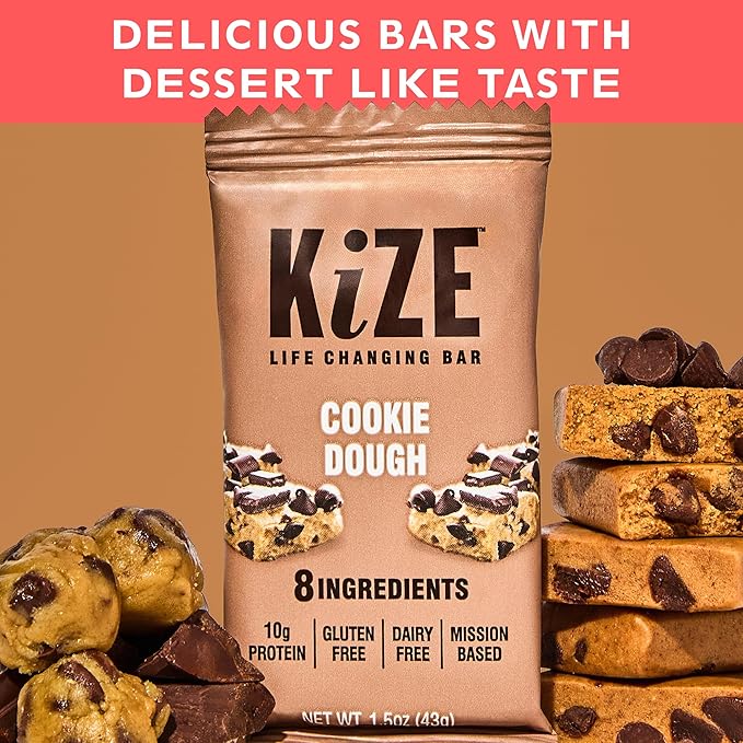 KiZE Energy Bars - Cookie Dough - 20-Count - Gluten Free, Dairy Free, Non-GMO, and High Protein Meal Replacement Energy Bars, Clean and Simple Food Ingredients - 10g High Protein Snacks (20 Count)