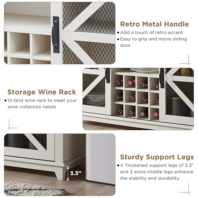 OKD Farmhouse Coffee Bar Cabinet with LED Lights, 55" Wine Bar Cabinet w/Sliding Barn Door & Wine and Glass Rack, Kitchen Buffet Cabinet w/Storage Shelves for Dining Room,Antique White
