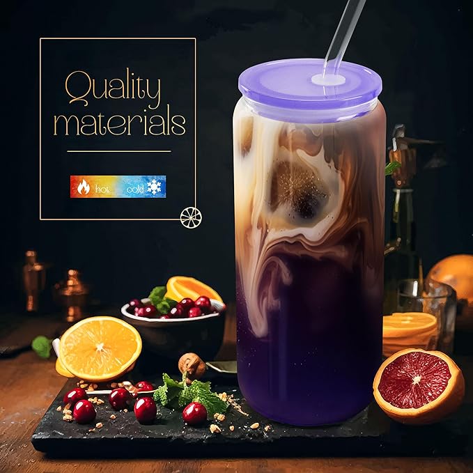 Joyclub 20oz Glass Cups with Acrylic Lids and Straws 12 Set Can Shaped Glass Iced Coffee Cups with Lids, Gradient Drinking Glasses Cute Tumbler Cup Great for Smoothie Soda Boba Tea Cocktail Beer Gift