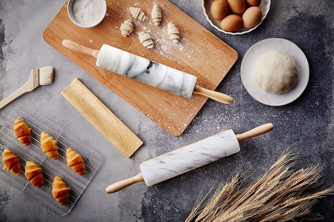 JEmarble Pastry Board 16x20 inch Set with Rolling Pin/Wooden Handles 18 inch(White) Non-Slip Rubber Feets for Stability Perfect for Keep the Dough Cool and Chocolate Tempering(Premium Quality)