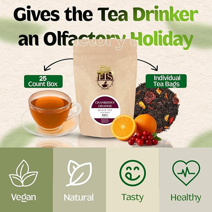 English Tea Store - Cranberry Orange Flavored Black Tea | Tart Cranberry & Sweet Citrus Blend | Natural Fruit Infused | Small Batch Crafted | 25 Teabags Pouch | No Strings or Tags