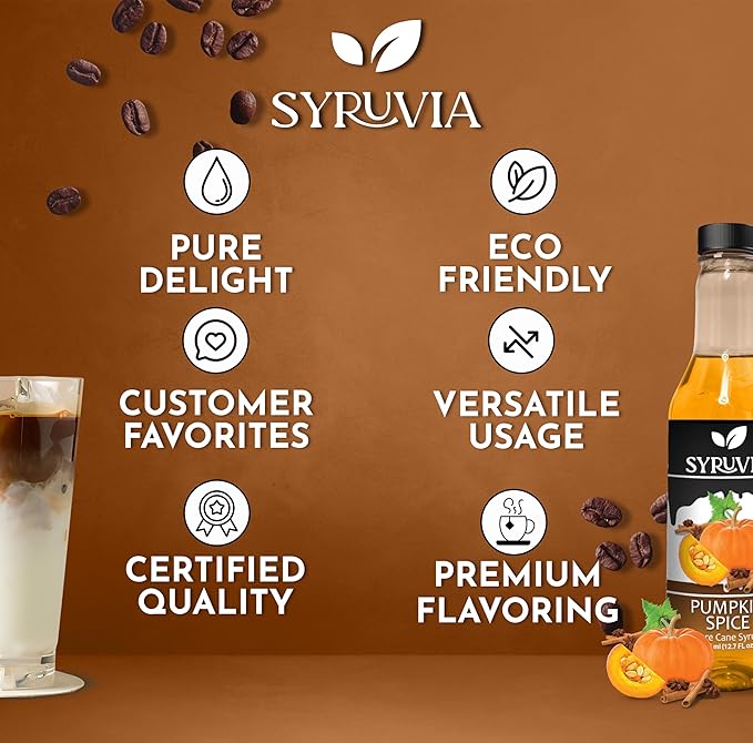 Syruvia Pumpkin Spice Coffee Syrup - 12.7 fl oz (375 ML) Premium Holiday Coffee Flavoring Syrup - Kosher Coffee Syrups, Gluten Free, No Coloring, Perfect for Drinks, Soda, Shakes, Desserts, and More.