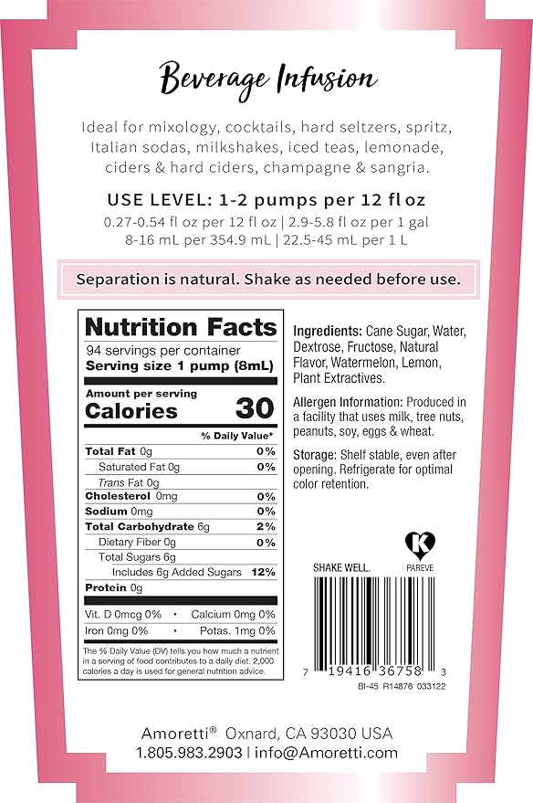 Amoretti - Watermelon Lemonade Beverage Infusion Drink Mix & Water Enhancer with Pump for Flavoring Cocktails, Waters, Tea, and other Beverages, 94 Servings Per Bottle (750 ml), Preservative Free
