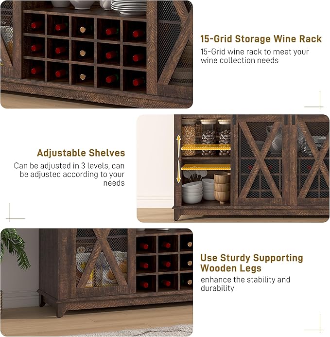 63"W Farmhouse Coffee Bar Cabinet with LED Light,Wine Bar Cabinet w/ 4 Tier Storage Hutch,Kitchen Buffet Cabinet w/Sliding Barn Door & 15 Wine and Glass Racks for Kitchen Dining Room(Brown)