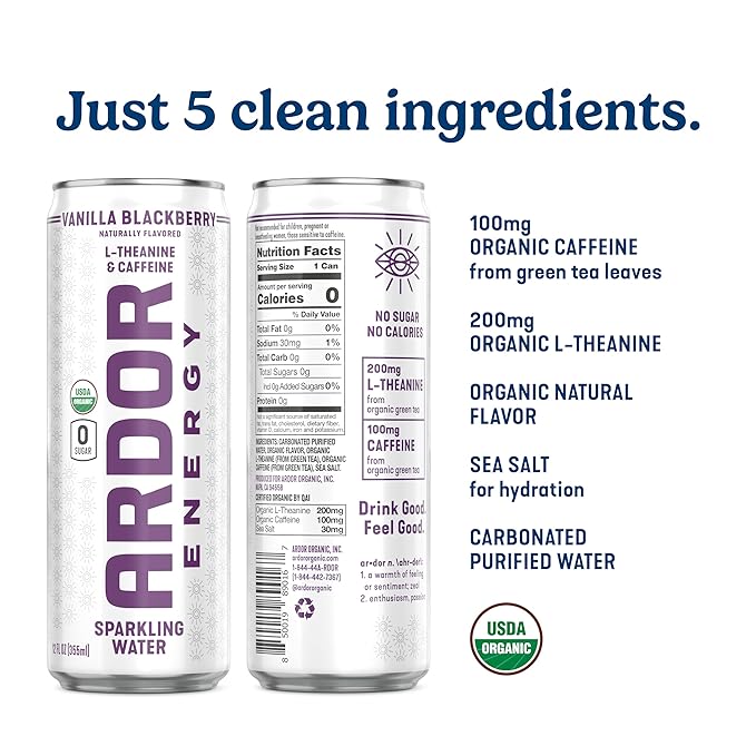 ARDOR ENERGY Sparkling Water with 100mg Natural Caffeine & 200mg L-Theanine from Organic Green Tea for Smooth Energy & Focus | Healthy Energy Drink | No Sugar, Zero Calories, Vegan, Gluten-Free | Vanilla Blackberry (Pack of 12, 12oz cans)