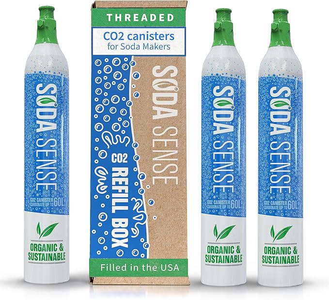 Soda Sense 60L CO2 Exchange Canister - 3 Pack, Threaded Style - Compatible with All 'Screw-In' Soda/Sparkling Water Makers, Including SodaStream BLUE Cylinder Models, Ninja Thirsti, Philips & More
