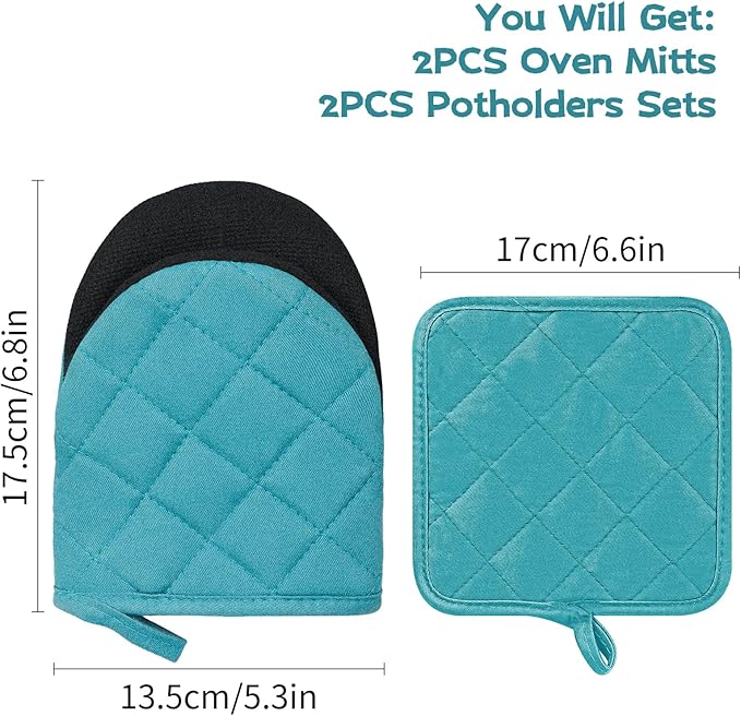 Oven Mitts and Pot Holders Set, Pack of 4, Heat Resistant Silicone Kitchen Mini Oven Mittens for 500 Degrees, Mini Oven Gloves and Hot Pads for Baking Grilling Barbecue Microwave Machine Washable