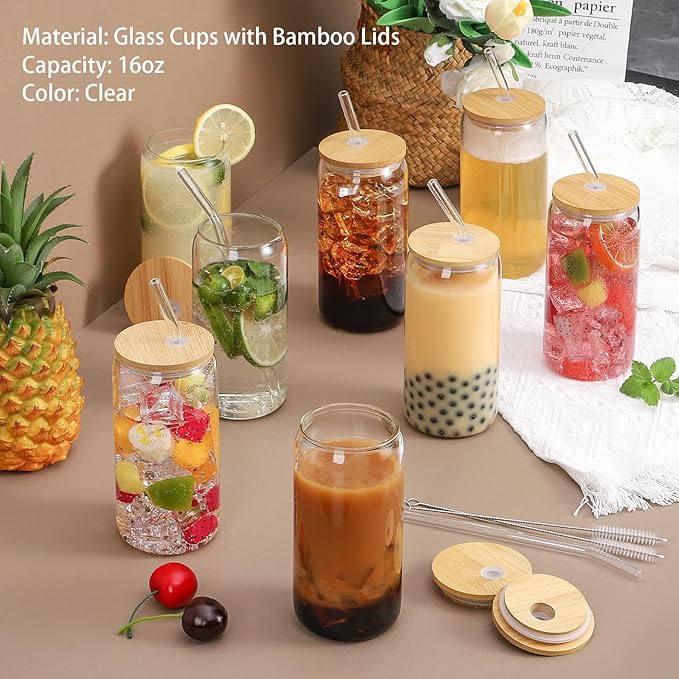 Glass Cups with Lid and Straw, 16oz Beer Glasses Glass Coffee Cups, Iced Coffee Cups with Lid, Glass Tumbler with Straw and Lid (4 PACK)