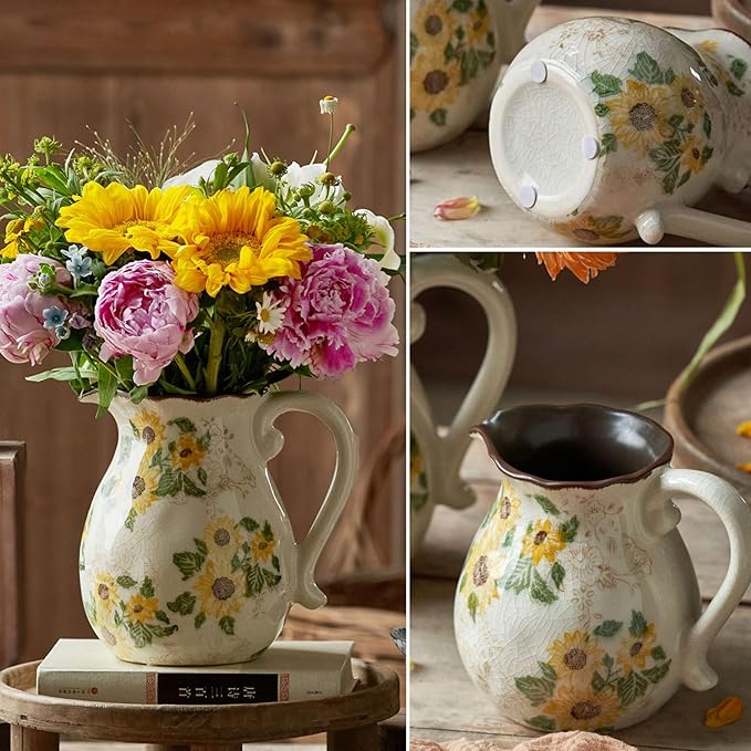 Vintage Vase with Handle, 7.6 Inch Ceramic Pitcher Sunflower Floral Vase, Rustic Farmhouse Vases for Grandma Core Home Decor, Bookshelf Office Tuscan Decor (Large Teapot)