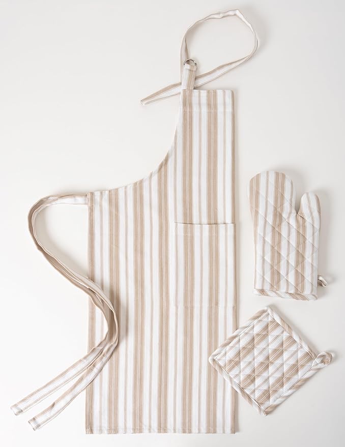 1 Oven Mitt, 1 PotHolder & 1 Kitchen Apron Set - Durable Heat Resistant Gloves - Thick Mittens for Kitchen - Suitable for Cooking, Baking, Grilling – for Men & Women – Taupe Stripes - Casa De Lan