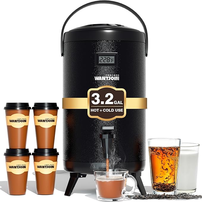 WantJoin Insulated Beverage Dispenser - Thermal 12L/3.2Gal Stainless Steel Hot & Cold Drink Dispenser with Spigot for Tea, Coffee, Milk, Water & Juice (Black)