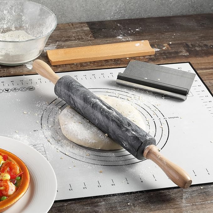 African Natural Marble Rolling Pin, Non-Stick Polished Dough Roller, Pasta, Dumpling, Fondant, Pie Crust, Bread, Pizza Dough, Kitchen Baking Pastry Tools with Mat/Scraper(Monte Grigio)