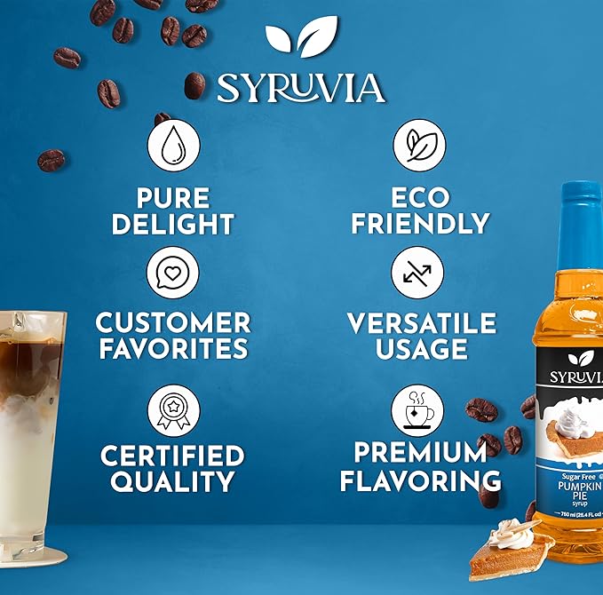 Syruvia Sugar Free Pumpkin Pie Coffee Syrup, Flavored Syrup for Drinks, Lattes, and Desserts – 25.4 fl oz, With Pump