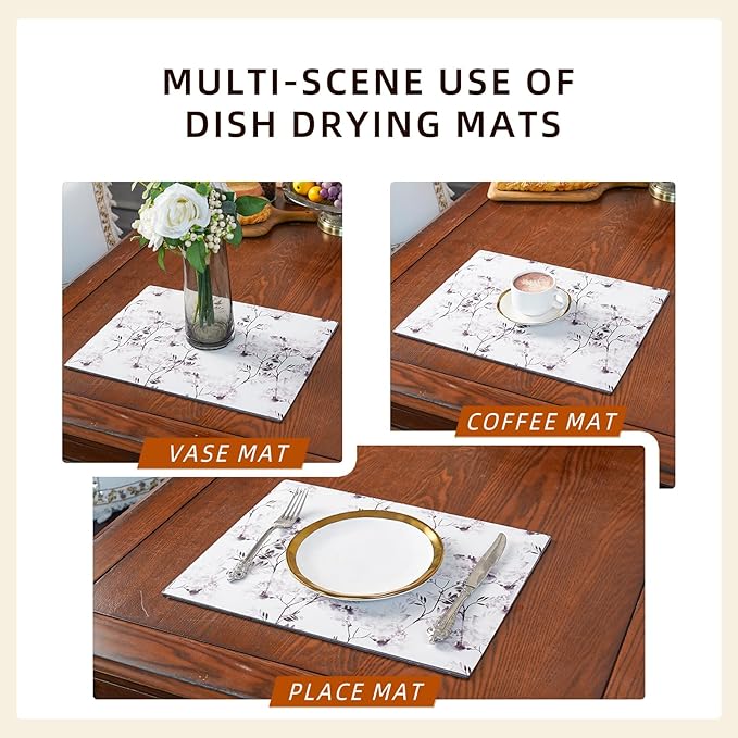 Dish Drying Mat, Diatomaceous Earth Soft Coffee Mat, Absorbent Silicone Dish Drying Mat for Kitchen Counter or Sink for Kitchen Bathroom Coffee Bar (Inked Flower, 12 x 16 Inches)