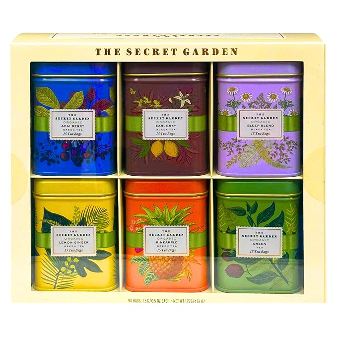 Organic Tea Sampler Gift Set 90 Bags in 6 Designer Tins Premium Assorted Flavors: Acai Berry, Earl Grey, Sleep Herbal, Lemon Ginger, Pineapple, Green Tea