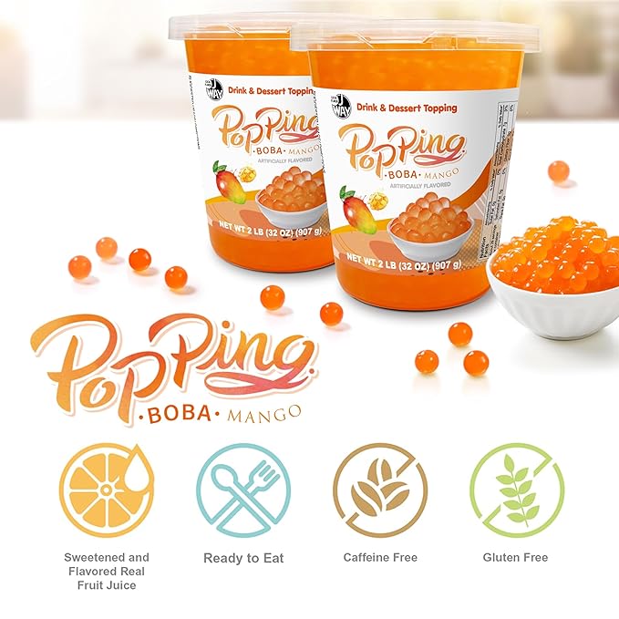 J WAY Bursting Popping Mango Boba Pearls, Mango Syrup, Non-Dairy, Fat-Free Popping Tapioca Boba for Beverages, Sweets, Ice Cream (2LB, 1 Pack)