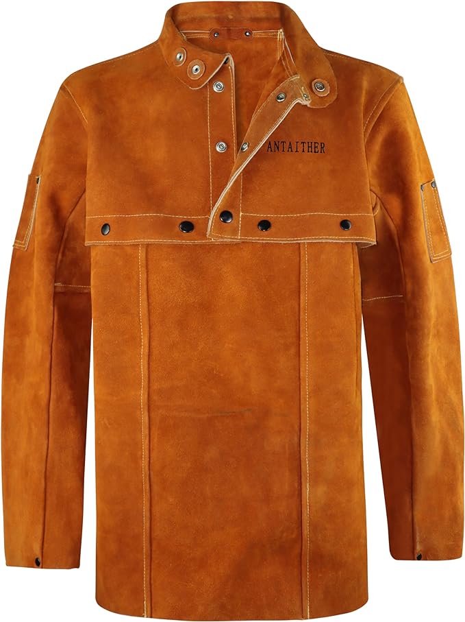 ANTAITHER Leather Welding Jacket with Open Back, Bib Apron with Cape Sleeve, Heat Flame Resistant Welder Coat