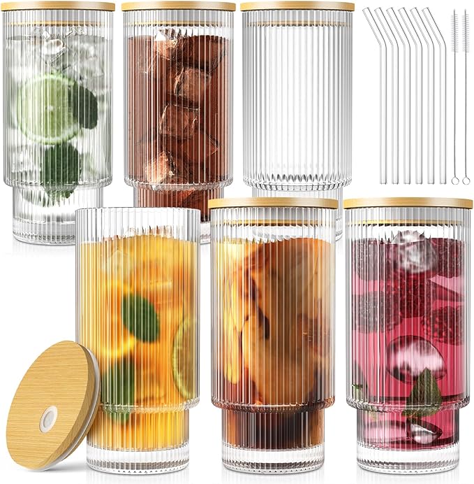 16Oz Glass Cups, 6Set Glass Tumbler with Straw and Lid, Vintage Glassware for Whiskey Cocktail Beer, Iced Coffee Cups with Lid (6 PACK)