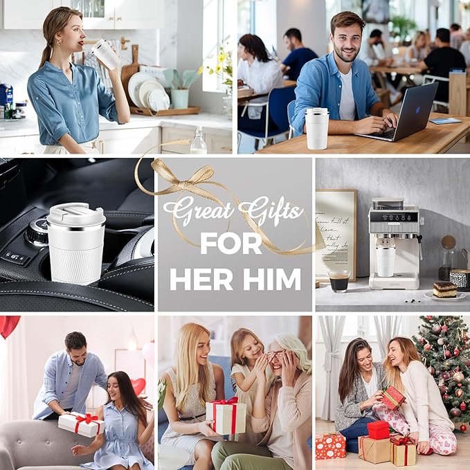 Volhoply 13 oz Stainless Steel Insulated Travel Coffee Mug with Fip Lid Bulk 8 Pack,Reusable Double Wall Vacuum Metal Coffee Cup,Portable Leak Proof Thermal Tumbler for Hot & Cold Drinks(White,8)