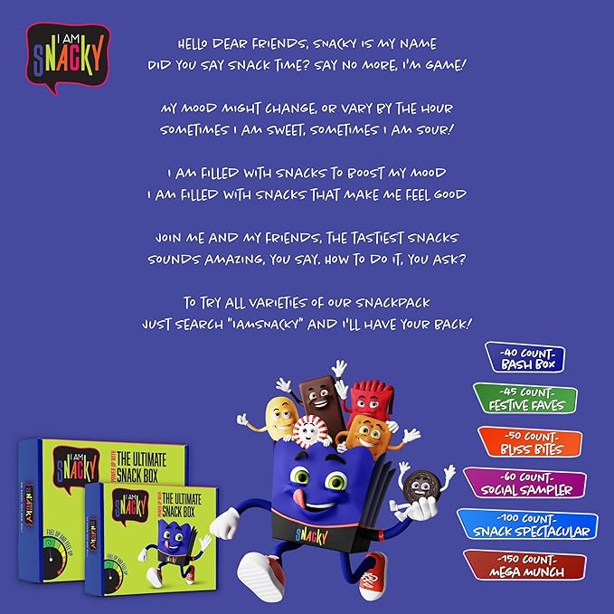 I AM Snacky - Thanksgiving Snack Box Variety Pack Care Package + Greeting Card - SNACKY'S SOCIAL SAMPLER (60 Count) Birthday Sweet Treats Gift Basket, Candies Chips, Food Assortments