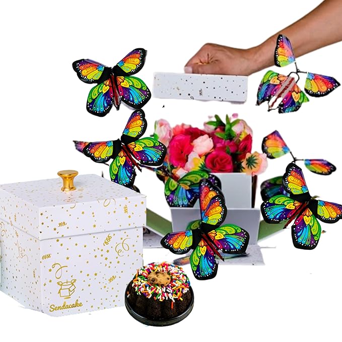 Send A Cake Celebration Explosion Box, with Flying Butterflies, Flower Shower & 3" Chocolate Chip Mini Bundt Cake – Ready to Gift Unique Birthday Gift for Women, Men, Adults, Kids