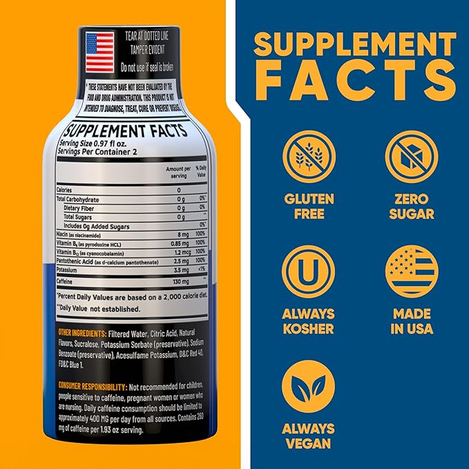 Blue Raspberry Extra Strength Energy Shot 48 pk – 260mg Natural Caffeine B12 B6 – Energy & Focus Support – 2 Servings Sugar Free Zero Calorie Green Tea B-Vitamins Electrolytes Vegan – 1.93 fl oz
