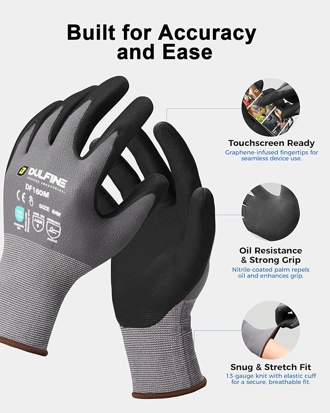 DULFINE Safety Work Gloves MicroFoam Nitrile Coated-36 Pairs Pack,Seamless Knit Nylon Glove with Black Micro-Foam Nitrile Grip,Ideal for General Purpose,Automotive,Home Improvement,Painting(Small)