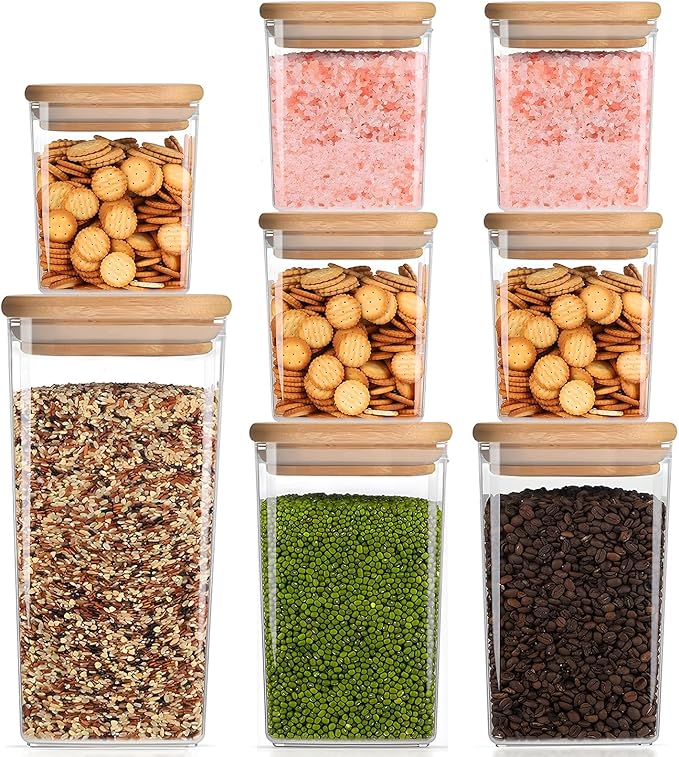 Square Storage Containers with Lids, Clear Food Storage Container Jar with Sealing Bamboo Lid for Noodles Flour Cereal Rice Sugar Tea Coffee Beans