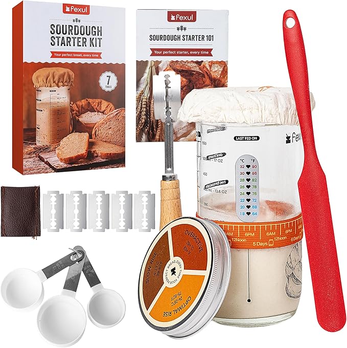 Sourdough Starter Kit with 24oz Glass Jar, Recipe Book, Tracking Band, Measuring Spoons, Bread Lame with 5 Blades, Scoring Stencils & Silicone Spatula – Complete Bread Baking Supplies for Home Bakers
