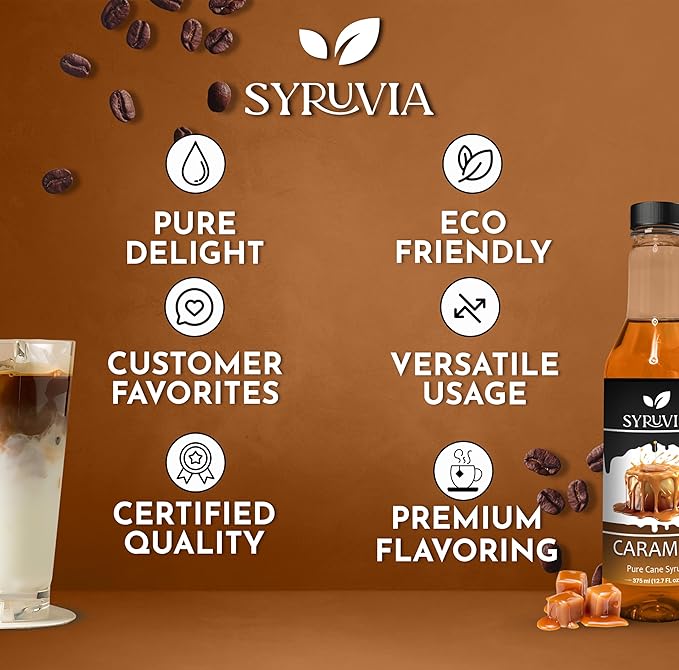 Syruvia Caramel Coffee Syrup - 12.7 fl oz Premium Coffee Flavoring Syrup - Kosher Coffee Syrups, Gluten Free, No Coloring, Perfect for Drinks, Soda, Shakes, Desserts, and More.
