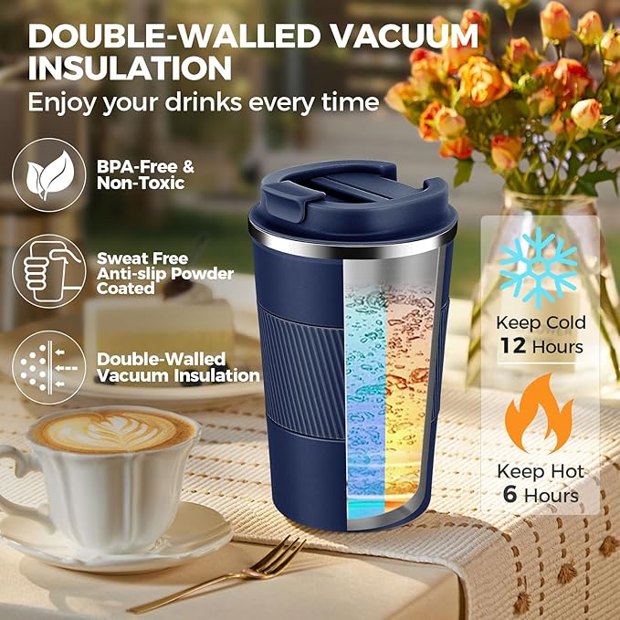 Volhoply 13 oz Stainless Steel Insulated Travel Coffee Mug with Fip Lid Bulk 2 Pack,Reusable Double Wall Vacuum Metal Coffee Cup,Portable Leak Proof Thermal Tumbler for Hot & Cold Drinks(Navy,2)