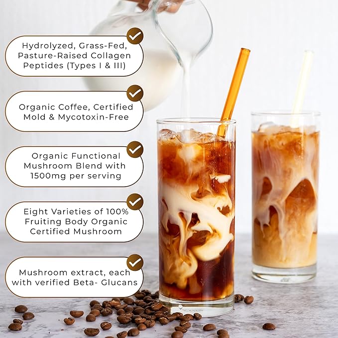 PowderVitamin Organic Mushroom Coffee Certified Mold & Mycotoxin Free GrassFed Collagen Types I & III 8 Fruiting Body Mushrooms Tested for BetaGlucans Focus Energy Digestion & Immunity 15 Servings