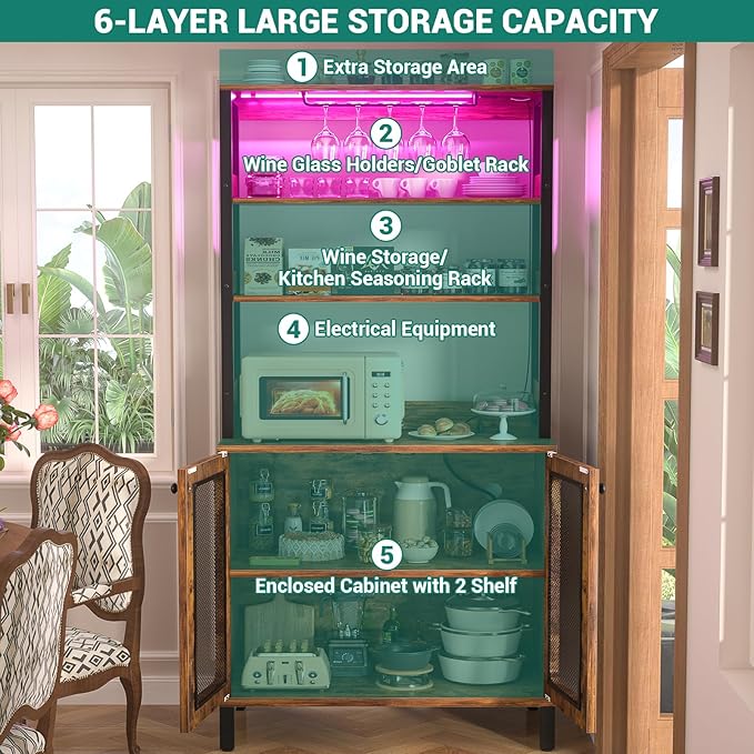 Aheaplus Bar Cabinet with Power Outlets, 67" Tall Wine Bar Liquor Cabinet with LED Lights & Glass Holder, Coffee Bars Station for Living Room, Microwave Stand Bakers Rack Cabinets, Rustic Brown