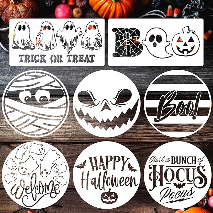 Halloween Stencils for Painting 12inch Large Reusable Halloween Stencil for Door Hanger Round Skeleton Ghost Boo Templates for Wood Walls Windows Door Mat Fabric